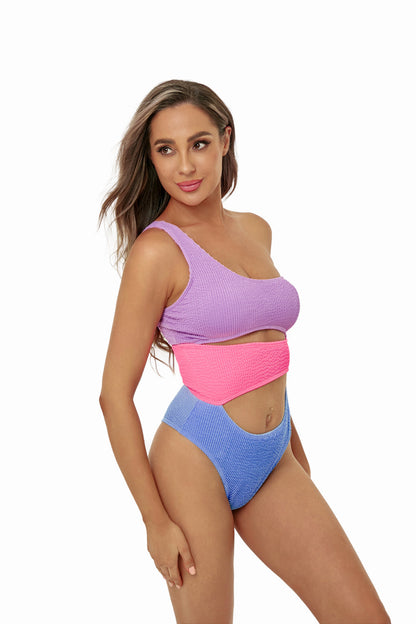 Color Block Cutout One-Shoulder One-Piece Swimsuit