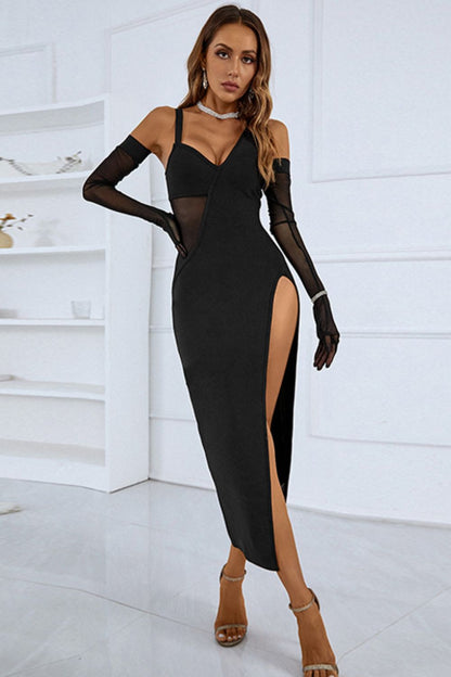 Asymmetrical Split Midi Dress with Long Sleeve Gloves