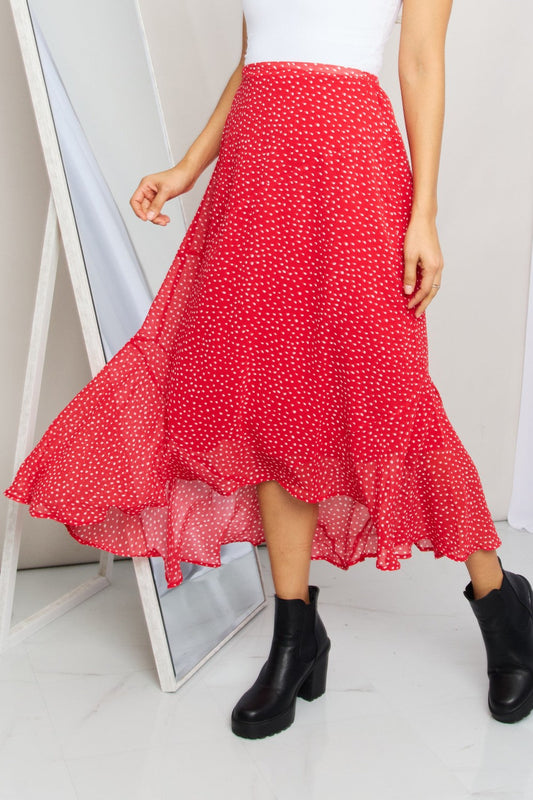 Zenana Polka Dot Ruffle Hem Midi Skirt