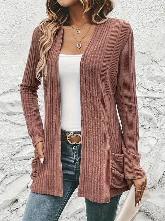 Solid Open Front Rib Knit Cardigan