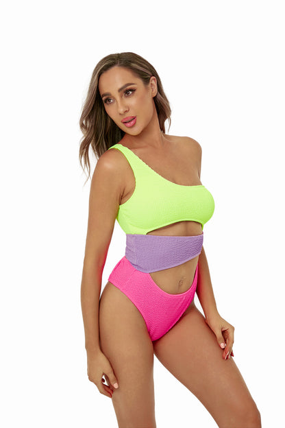 Color Block Cutout One-Shoulder One-Piece Swimsuit