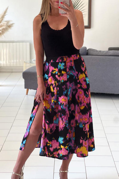 Floral Pleated Slit Skirt