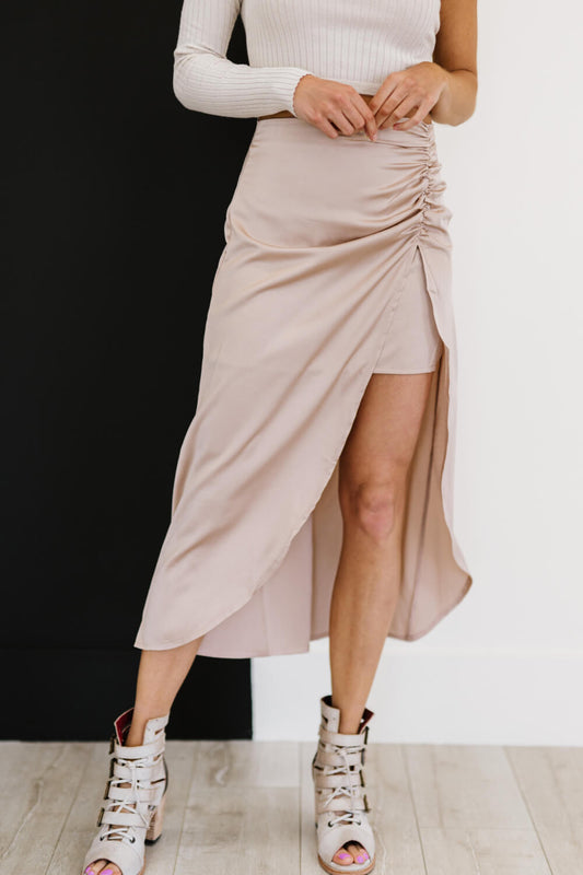 HYFVE Glam It Up Ruched Satin Tulip Hem Skirt