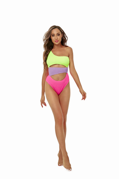 Color Block Cutout One-Shoulder One-Piece Swimsuit