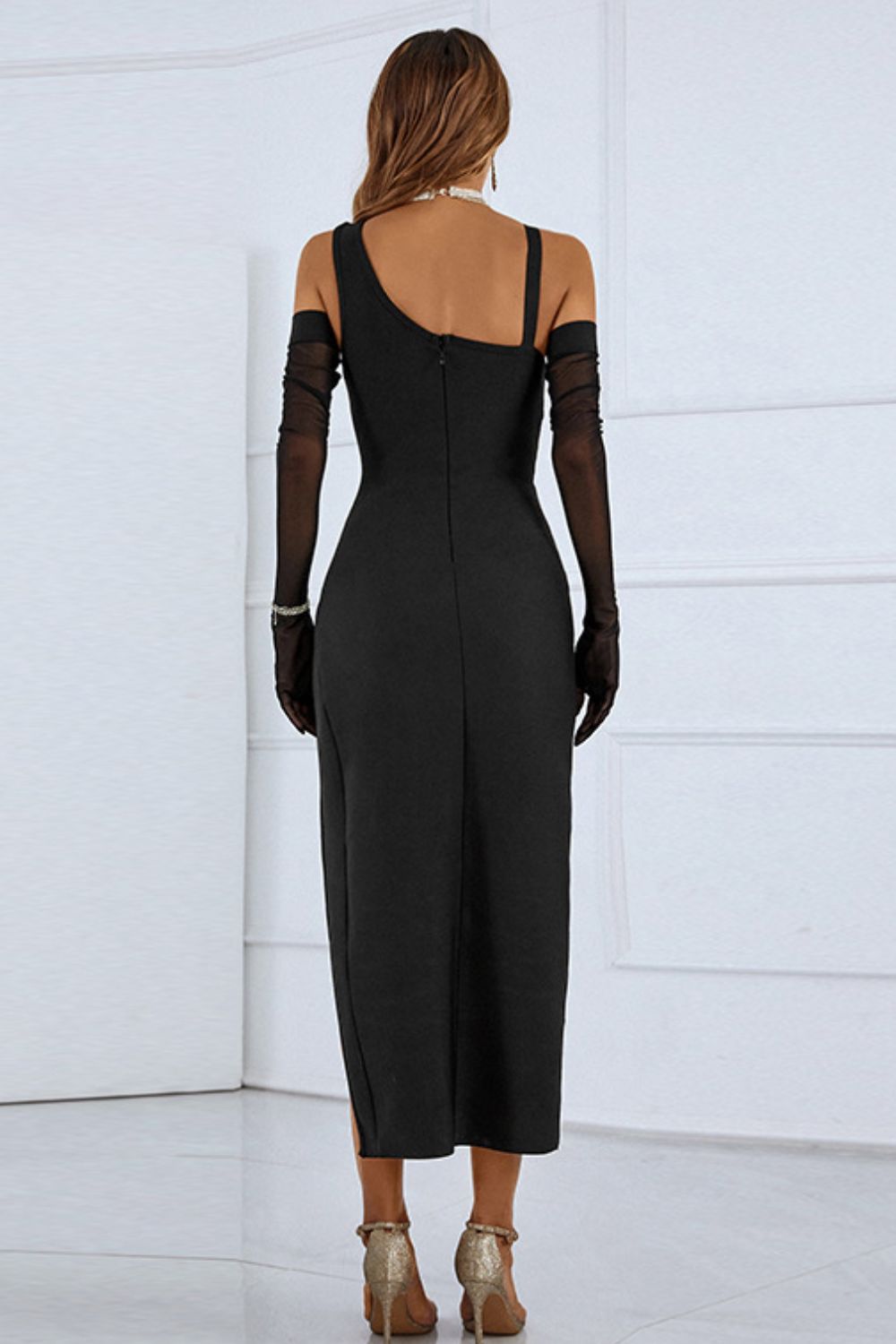 Asymmetrical Split Midi Dress with Long Sleeve Gloves