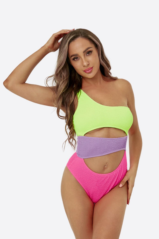 Color Block Cutout One-Shoulder One-Piece Swimsuit