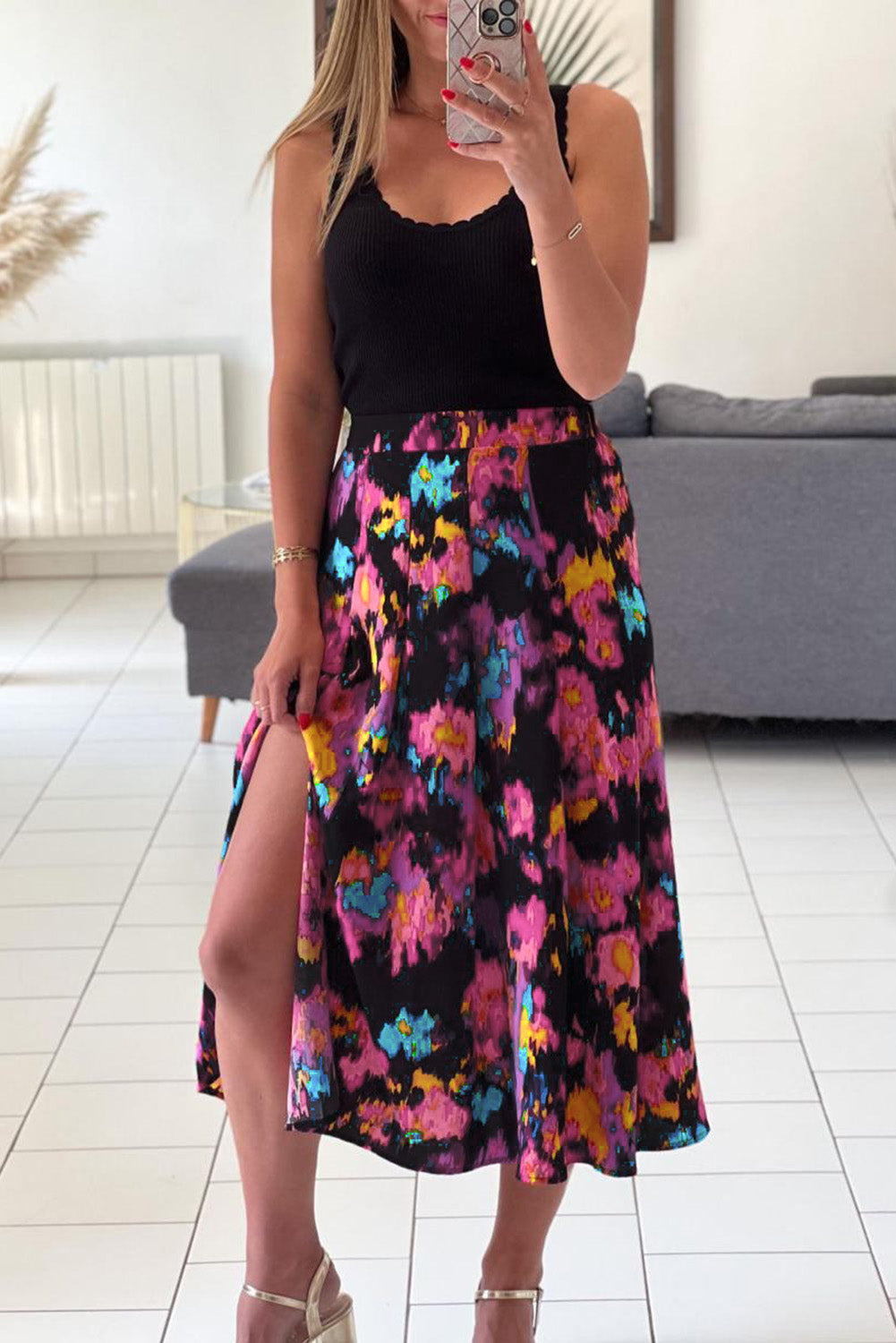 Floral Pleated Slit Skirt